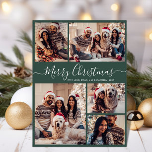 Cartes Pour Fêtes Annuelles Élégant Script Green 5 Photo Collage Noël