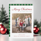 Cartes Pour Fêtes Annuelles Élégant Script Green Plaid Photo de Noël