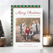 Cartes Pour Fêtes Annuelles Élégant Script Green Plaid Photo de Noël