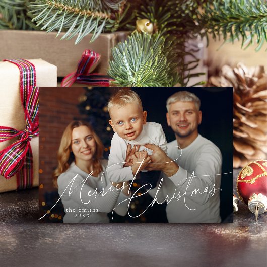Cartes Pour Fêtes Annuelles Elegant Script Merry Christmas Family Photo