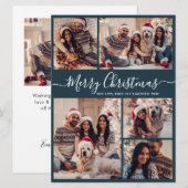 Cartes Pour Fêtes Annuelles Élégant Script Navy 5 Photo Collage Noël (Devant / Derrière)
