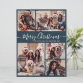 Cartes Pour Fêtes Annuelles Élégant Script Navy 5 Photo Collage Noël (Debout devant)
