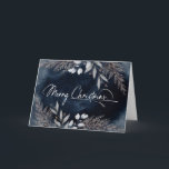 Cartes Pour Fêtes Annuelles Élégant Script Navy Blue Winter Foliing Noël<br><div class="desc">Une carte de Noël élégante avec une aquarelle feuillage d'hiver gris clair et bronzé contre un arrière - plan bleu marine foncé. Un à l'intérieur,  ajoutez votre propre message personnalisé ou utilisez celui montré.</div>