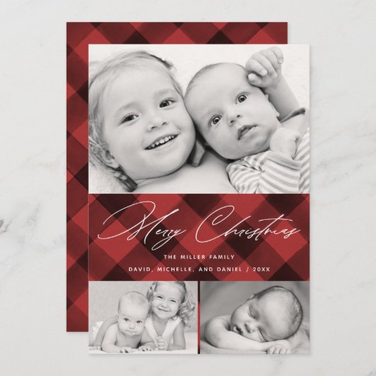 Cartes Pour Fêtes Annuelles Élégant Script Noël Plaid 3 Photo Collage (Devant / Derrière)