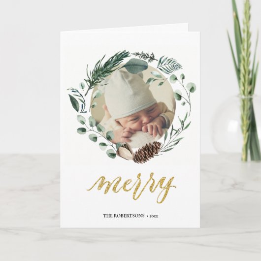 Cartes Pour Fêtes Annuelles Elégant Script Or Eucalyptus Foliage Verdure (Devant)