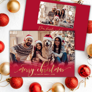 Cartes Pour Fêtes Annuelles Élégant Script Or Rouge 2 Photo Noël