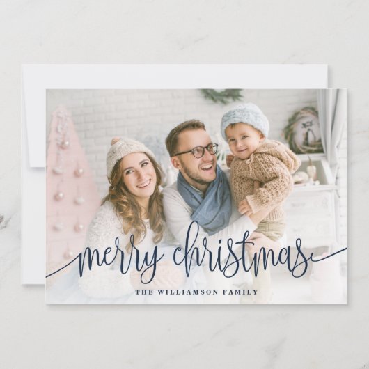Cartes Pour Fêtes Annuelles Élégant Script photo pleine Joyeux Noël Marine (Devant)