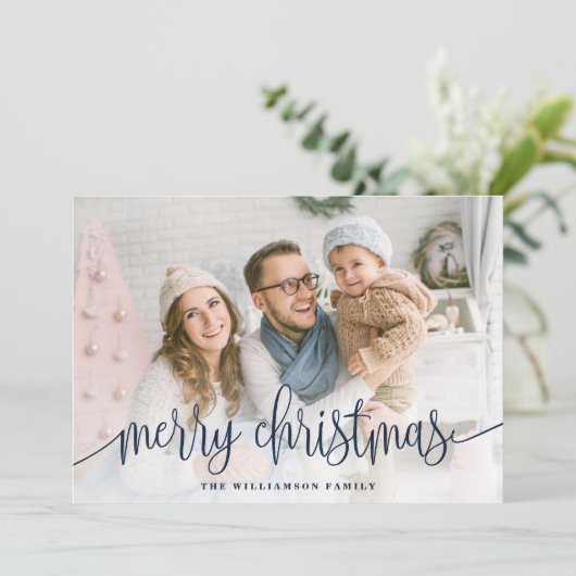 Cartes Pour Fêtes Annuelles Élégant Script photo pleine Joyeux Noël Marine (Debout devant)