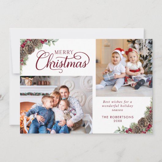 Cartes Pour Fêtes Annuelles Élégant Script Pine Cônes 2 Photo Noël (Devant)