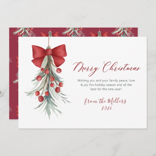 Cartes Pour Fêtes Annuelles Élégant Script Red Berries Verdure Noël (Devant / Derrière)