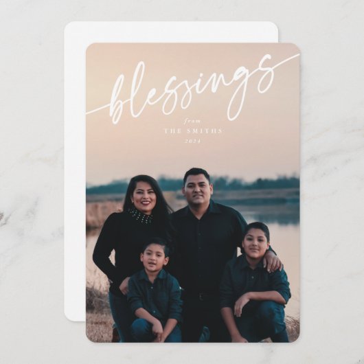 Cartes Pour Fêtes Annuelles Élégant script typographique blanc "Bénédictions" (Devant / Derrière)