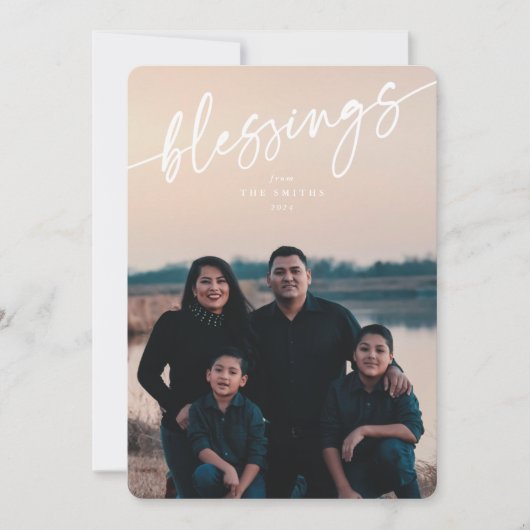 Cartes Pour Fêtes Annuelles Élégant script typographique blanc "Bénédictions" (Devant)