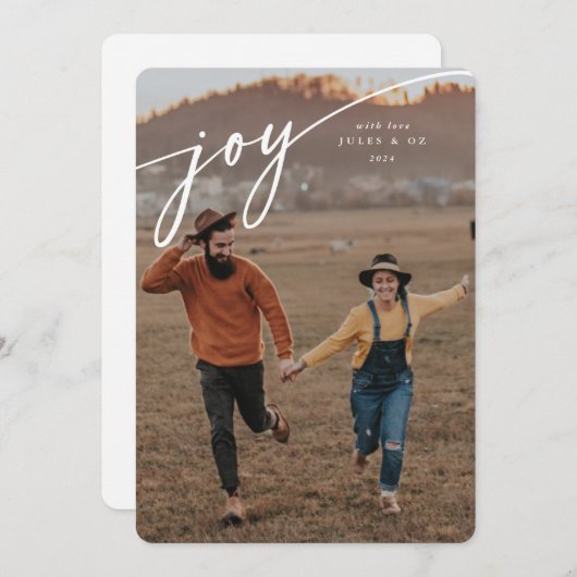 Cartes Pour Fêtes Annuelles Élégant script typographique blanc "Joy" (Devant / Derrière)