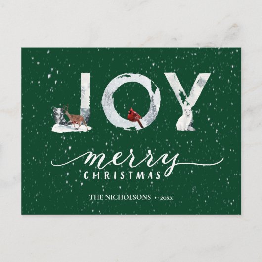 Cartes Pour Fêtes Annuelles Élégant script vert moderne JOIE Blanche Neige Ove (Devant)