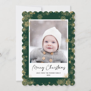 Cartes Pour Fêtes Annuelles Élégant script vert moderne Snowflakes Bokeh