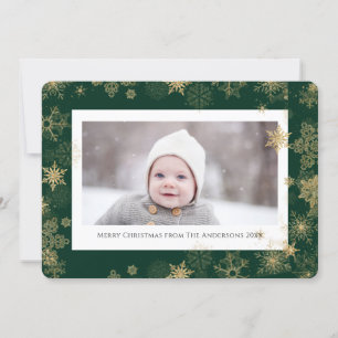 Cartes Pour Fêtes Annuelles Élégant script vert moderne Snowflakes Bokeh