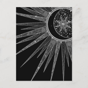 Cartes Pour Fêtes Annuelles Elégant Silver Sun Moon Mandala Black Design