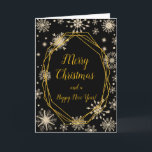Cartes Pour Fêtes Annuelles Élégant Snowflakes Gold Joyeux Noël<br><div class="desc">Une belle carte de Noël design avec d'élégants flocons de neige bleu turquoise et or sur un arrière - plan noir. A l'intérieur, il y a un espace pour un message. Une façon parfaite de saluer vos amis et votre famille en cette saison festive. La couleur arrière - plan de...</div>