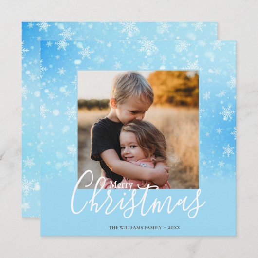 Cartes Pour Fêtes Annuelles Elégant Snowy Blue Joyeux Noël Photo (Devant / Derrière)