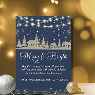 Cartes Pour Fêtes Annuelles Élégant Sparkling Navy Blue Gold Winter Village