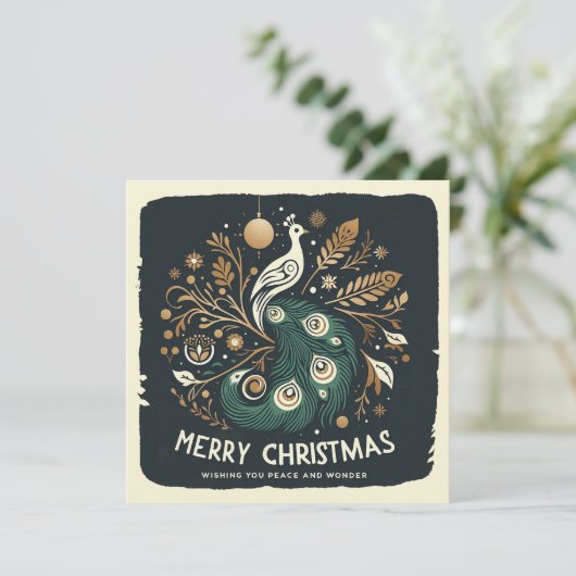 Cartes Pour Fêtes Annuelles Elégant Stylisé Peacock Joyeux Noël (Debout devant)