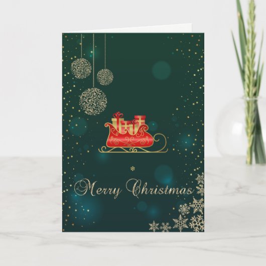 Cartes Pour Fêtes Annuelles Élégant Vert, Gold Noël Sleigh Snowflakes (Devant)