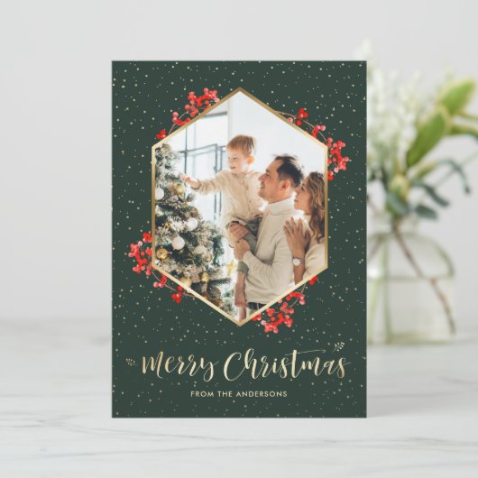 Cartes Pour Fêtes Annuelles Elégant Vert or aquarelle photo Noël (Debout devant)