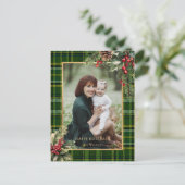 Cartes Pour Fêtes Annuelles Élégant vert / Or Plaid Holly Photo de Noël (Debout devant)