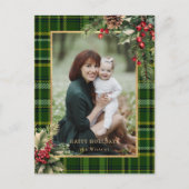 Cartes Pour Fêtes Annuelles Élégant vert / Or Plaid Holly Photo de Noël (Devant)