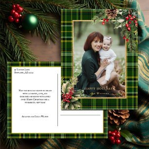 Cartes Pour Fêtes Annuelles Élégant vert / Or Plaid Holly Photo de Noël