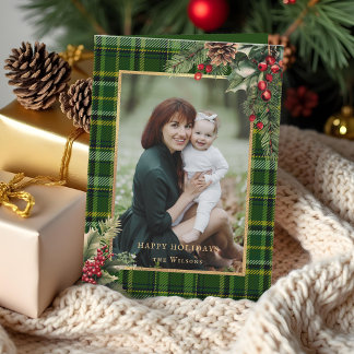 Cartes Pour Fêtes Annuelles Élégant vert / Or Plaid Holly Photo de Noël