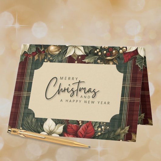 Cartes Pour Fêtes Annuelles Élégant vert Plaid Rouge Poinsettia Joyeux Noël