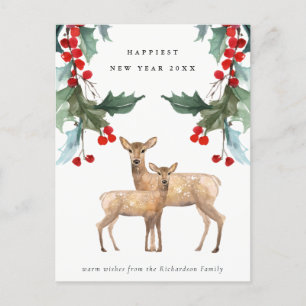 CARTES POUR FÊTES ANNUELLES ÉLÉGANT VERT ROUGE HOLLY BERRY DEER DUO NOUVEL AN