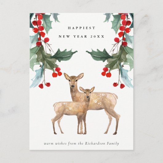 CARTES POUR FÊTES ANNUELLES ÉLÉGANT VERT ROUGE HOLLY BERRY DEER DUO NOUVEL AN (Devant)