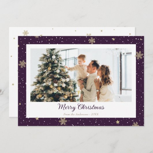 Cartes Pour Fêtes Annuelles Élégant violet flocon de neige photo Joyeux Noël (Devant / Derrière)