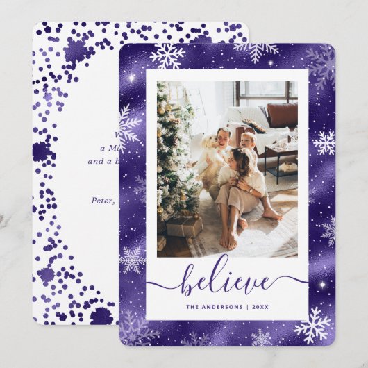 Cartes Pour Fêtes Annuelles Élégant violet photo Flocon de neige (Devant / Derrière)