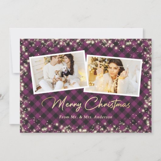 Cartes Pour Fêtes Annuelles Élégant Violet Plaid Newlyweds Photo Noël (Devant)