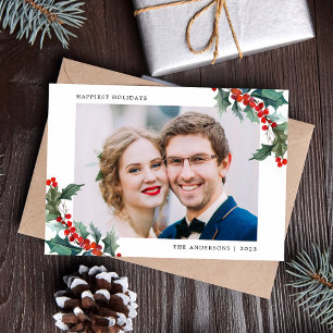 Cartes Pour Fêtes Annuelles Elegant Watercolor Holly Berry Frame Photo