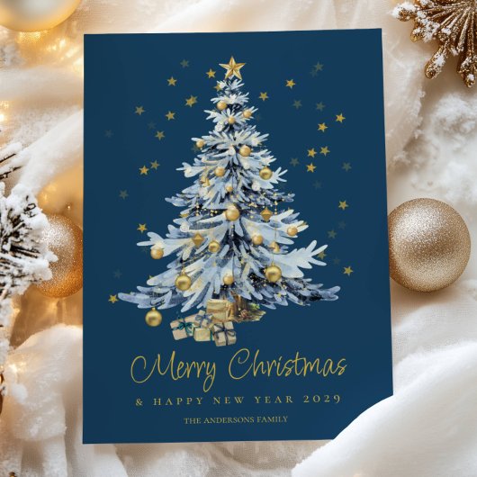 Cartes Pour Fêtes Annuelles Elégante aquarelle bleue Arbre Noël