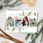 Cartes Pour Fêtes Annuelles Elégante aquarelle Botanique 3 Photo Noël<br><div class="desc">Cet élégant carte photo de vacances dispose d'un cadre magnifique de botaniques d'aquarelle avec des accents faux or et l'accueil EDITABLE "Happiest Holidays". Le design est simple mais élégant. Sur l'avant de la carte, il y a de l'espace pour trois photos (deux verticales et une horizontale). Sur le dos, vous...</div>