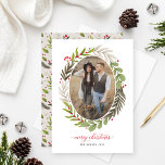 Cartes Pour Fêtes Annuelles Elégante aquarelle de Noël Verdure Photo ovale<br><div class="desc">La carte de vacances "Joyeux Noël" présente un feuille de verdure fleuri et des baies encadrant une photo ovale. Inclut un texte de bienvenue élégant et moderne, ainsi que du texte personnalisé qui peut être personnalisé à l'avant et à l'arrière de la carte. Un espace photo carré bonus et la...</div>