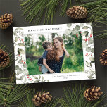 Cartes Pour Fêtes Annuelles Elégante aquarelle d'hiver Verdure Photo botanique<br><div class="desc">Cet élégant carte photo de vacances dispose d'une seule photo horizontale encadrée par de beaux eucalyptus aquarelles, saints, et baies sur un arrière - plan blanc classique. Le message d'accueil modifiable sur le devant dit "Joyeuses fêtes". Le dos de la carte est un arrière - plan rouge festif auquel vous...</div>