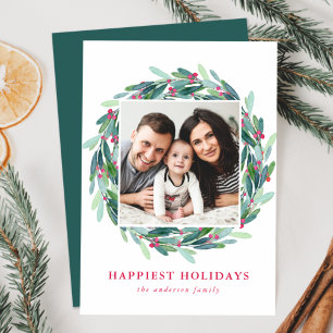 Cartes Pour Fêtes Annuelles Elégante aquarelle Holly Berry Wreath Photo