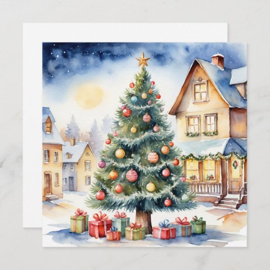 Cartes Pour Fêtes Annuelles Elégante aquarelle non photo Arbre de Noël (Devant / Derrière)