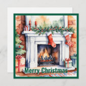 Cartes Pour Fêtes Annuelles Elégante aquarelle non photo cheminée de Noël (Devant / Derrière)