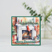 Cartes Pour Fêtes Annuelles Elégante aquarelle non photo cheminée de Noël (Debout devant)