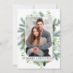 Cartes Pour Fêtes Annuelles Elégante aquarelle Pine Frame Couple Photo