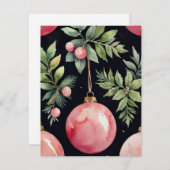 Cartes Pour Fêtes Annuelles Elégante aquarelle rose verdure Bauble Noël (Devant / Derrière)