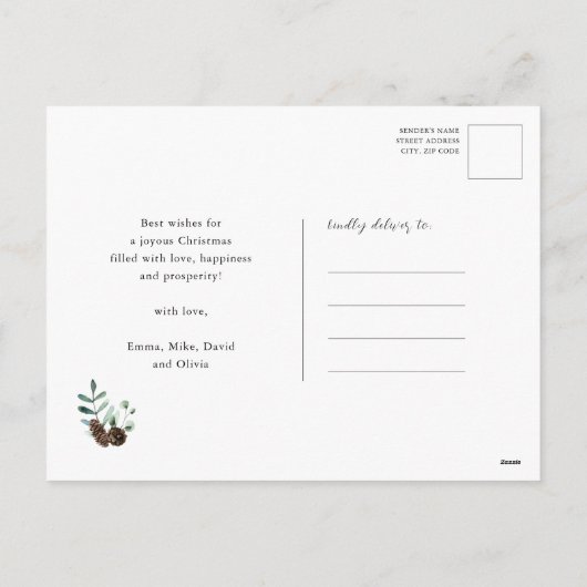 Cartes Pour Fêtes Annuelles Elégante aquarelle vert Pine Cône Foliage Wreath (Dos)