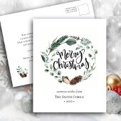 Cartes Pour Fêtes Annuelles Elégante aquarelle vert Pine Cône Foliage Wreath